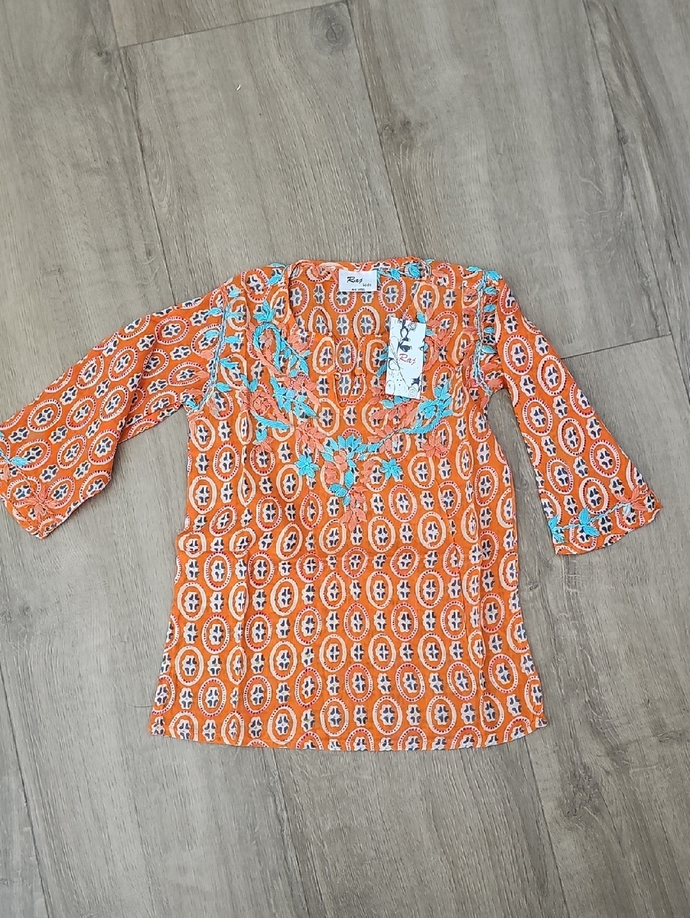 Raj Kids Orange Patterned Embroidered Tunic Top Size 6-8 Years